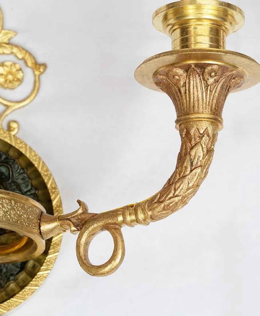 New Pamono Antique Empire Chiseled Gilt and Satin-Finished Bronze Sconces, France, 19th Century, Set of 2