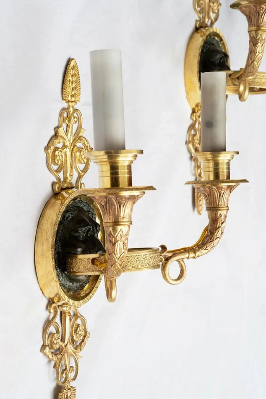 New Pamono Antique Empire Chiseled Gilt and Satin-Finished Bronze Sconces, France, 19th Century, Set of 2