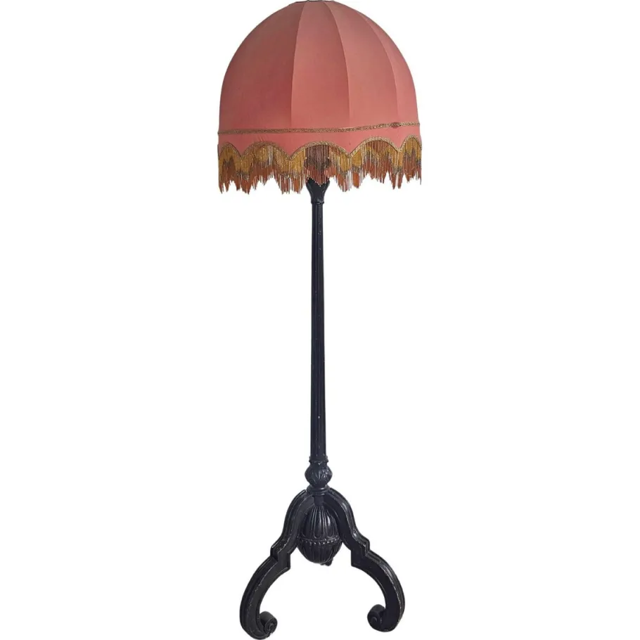 Clearance Pamono Antique Floor Lamp in Carved Oak with Rust-Red Shade, Austria, 1890s