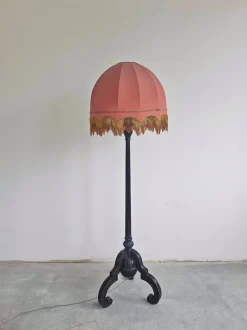 Clearance Pamono Antique Floor Lamp in Carved Oak with Rust-Red Shade, Austria, 1890s