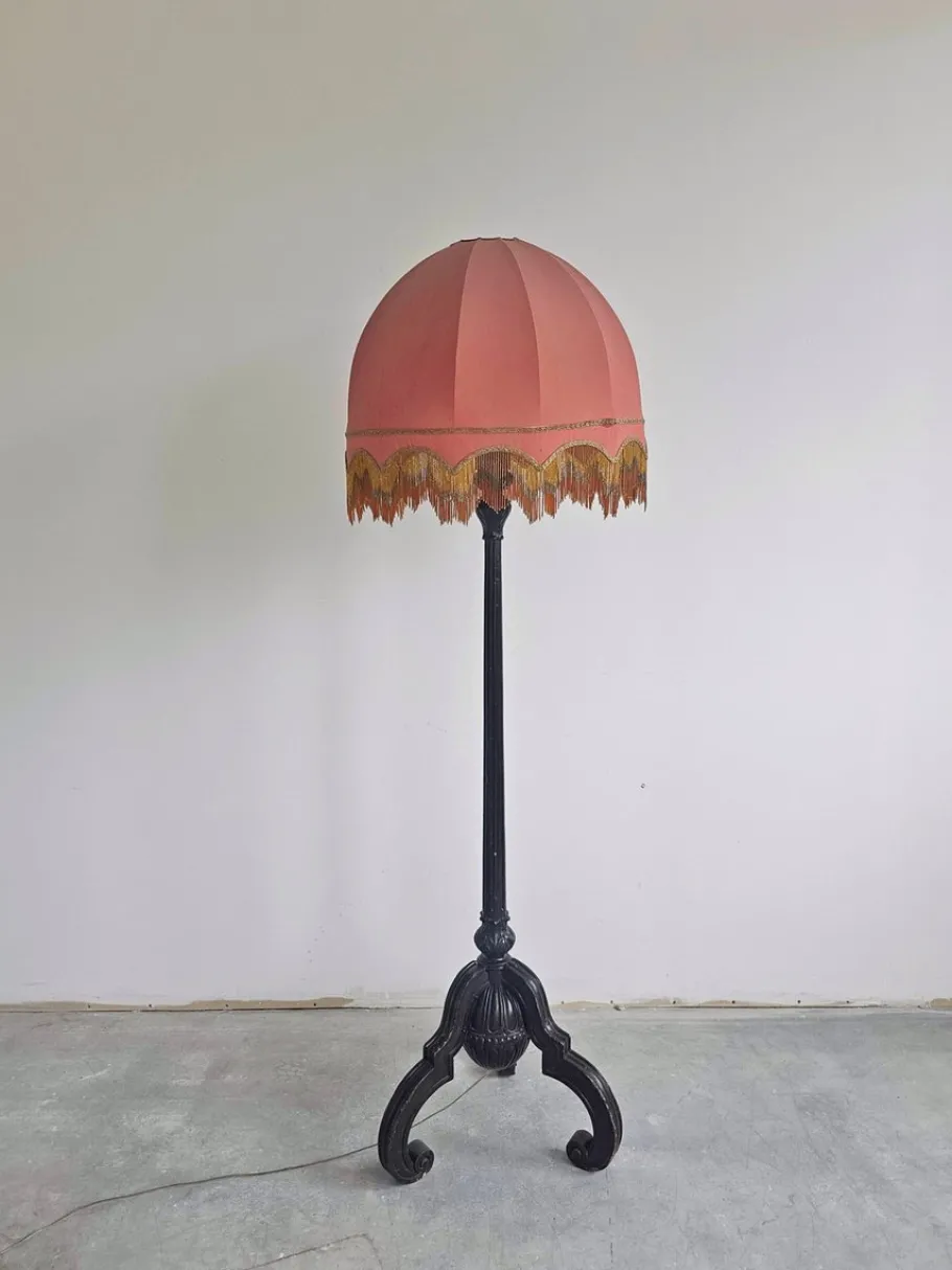 Clearance Pamono Antique Floor Lamp in Carved Oak with Rust-Red Shade, Austria, 1890s