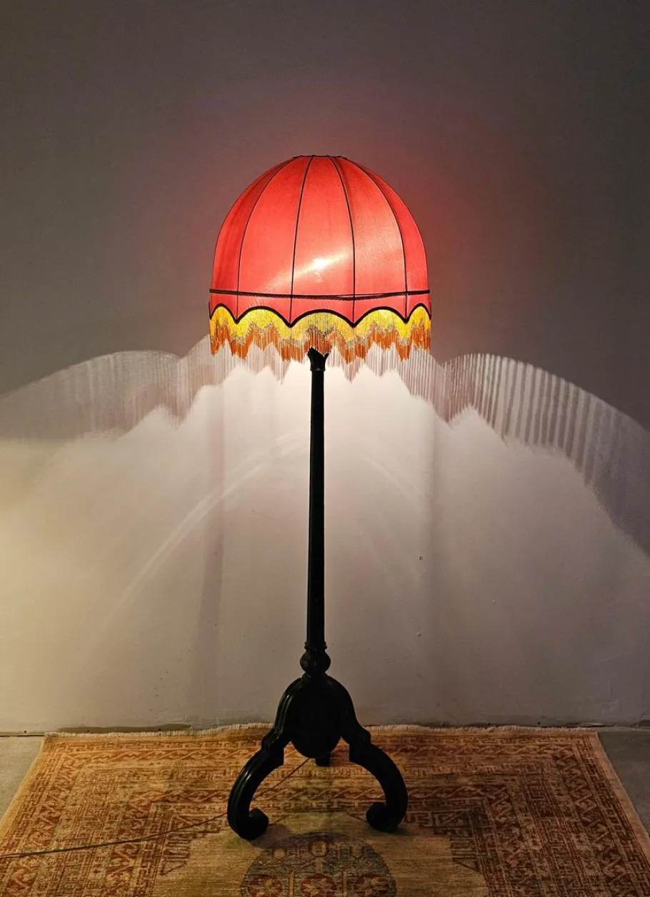 Clearance Pamono Antique Floor Lamp in Carved Oak with Rust-Red Shade, Austria, 1890s