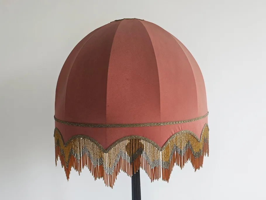Clearance Pamono Antique Floor Lamp in Carved Oak with Rust-Red Shade, Austria, 1890s