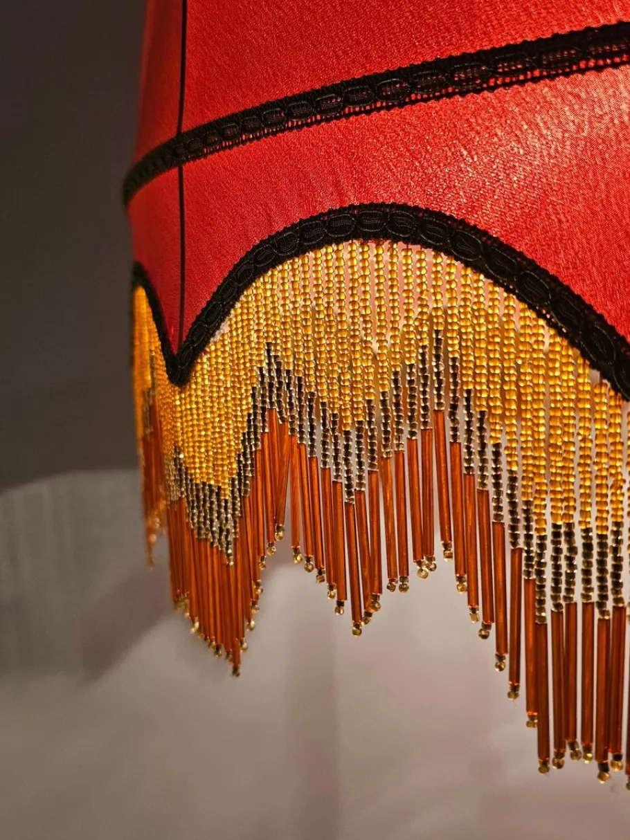 Clearance Pamono Antique Floor Lamp in Carved Oak with Rust-Red Shade, Austria, 1890s