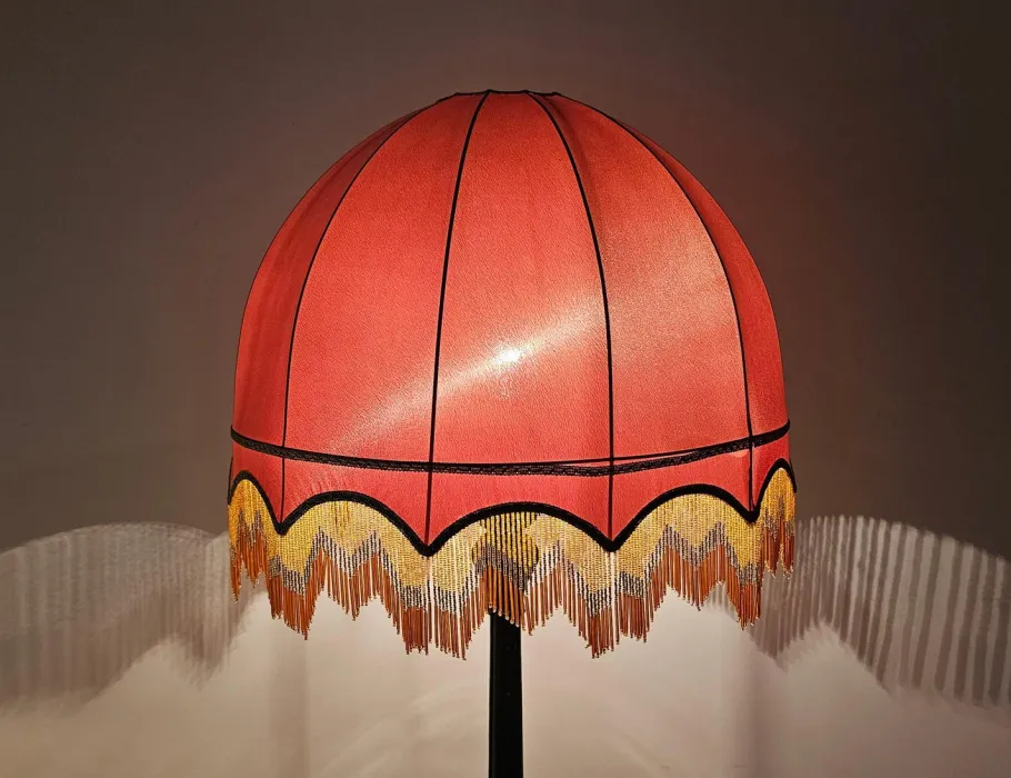 Clearance Pamono Antique Floor Lamp in Carved Oak with Rust-Red Shade, Austria, 1890s