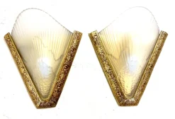 New Pamono Antique French Art Deco Style Brass & Glass Wall Lights, 1920s, Set of 2