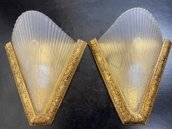 New Pamono Antique French Art Deco Style Brass & Glass Wall Lights, 1920s, Set of 2