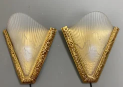 New Pamono Antique French Art Deco Style Brass & Glass Wall Lights, 1920s, Set of 2