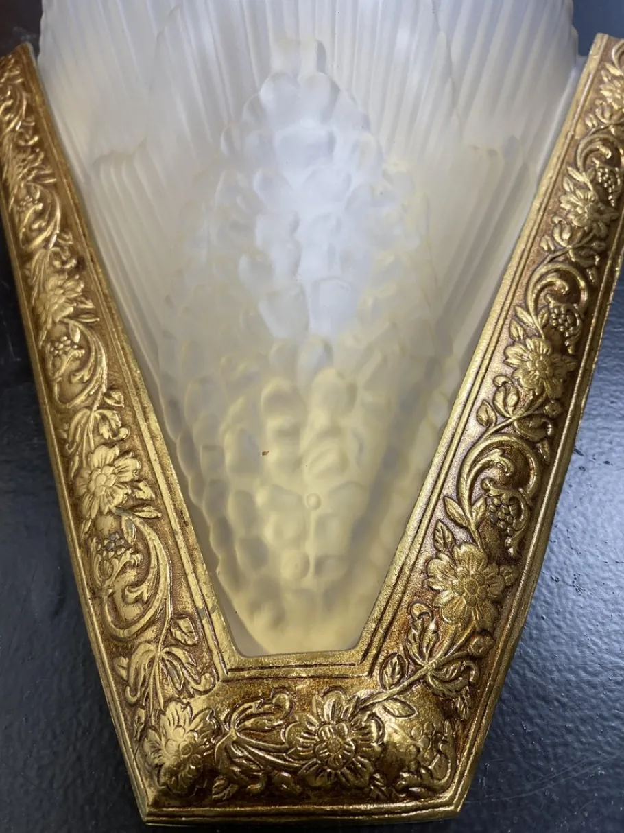 New Pamono Antique French Art Deco Style Brass & Glass Wall Lights, 1920s, Set of 2