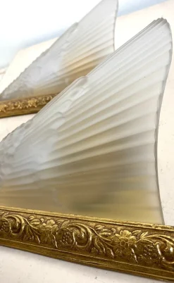 New Pamono Antique French Art Deco Style Brass & Glass Wall Lights, 1920s, Set of 2