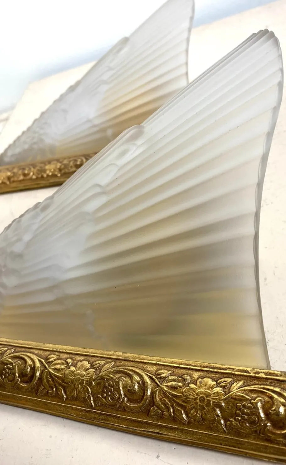 New Pamono Antique French Art Deco Style Brass & Glass Wall Lights, 1920s, Set of 2