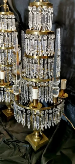 Discount Pamono Antique French Bronze and Lead Crystal Girandoles Table Lamps, Set of 2