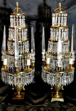 Discount Pamono Antique French Bronze and Lead Crystal Girandoles Table Lamps, Set of 2