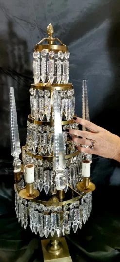 Discount Pamono Antique French Bronze and Lead Crystal Girandoles Table Lamps, Set of 2