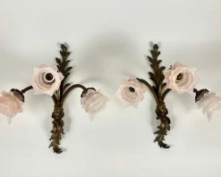 Hot Pamono Antique French Bronze Wall Sconces with Pink Rosebud Frosted Glass Shades, 1920s, Set of 2