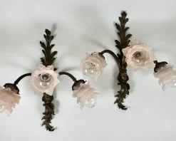 Hot Pamono Antique French Bronze Wall Sconces with Pink Rosebud Frosted Glass Shades, 1920s, Set of 2