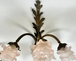 Hot Pamono Antique French Bronze Wall Sconces with Pink Rosebud Frosted Glass Shades, 1920s, Set of 2