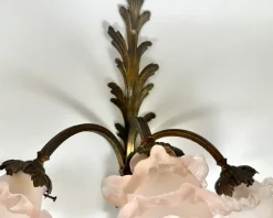 Hot Pamono Antique French Bronze Wall Sconces with Pink Rosebud Frosted Glass Shades, 1920s, Set of 2