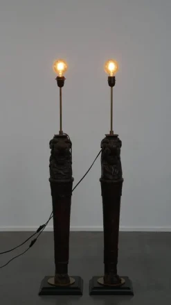 Discount Pamono Antique Hand-Carved Wood Floor Lamps with Lion Heads, Set of 2