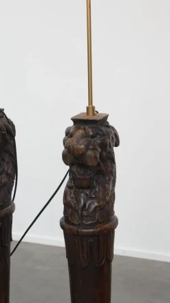 Discount Pamono Antique Hand-Carved Wood Floor Lamps with Lion Heads, Set of 2