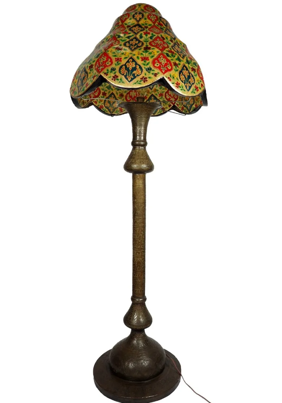 Clearance Pamono Antique Islamic Syrien Brass Floor Lamp with Hand Painted Camel Skin Leather Lampshade, 1930s
