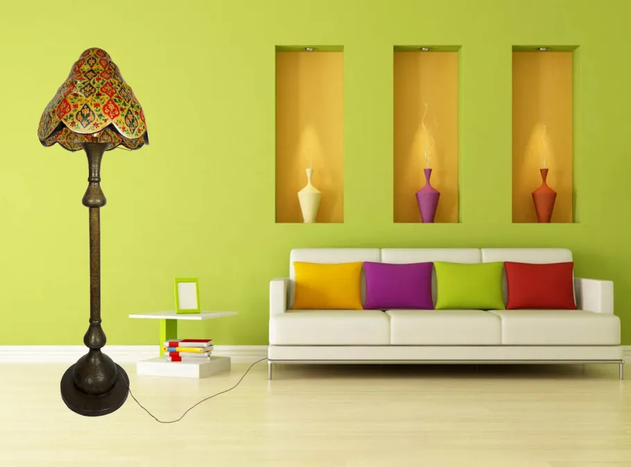 Clearance Pamono Antique Islamic Syrien Brass Floor Lamp with Hand Painted Camel Skin Leather Lampshade, 1930s