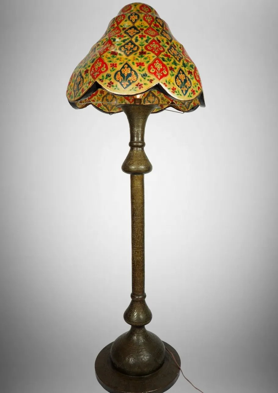 Clearance Pamono Antique Islamic Syrien Brass Floor Lamp with Hand Painted Camel Skin Leather Lampshade, 1930s