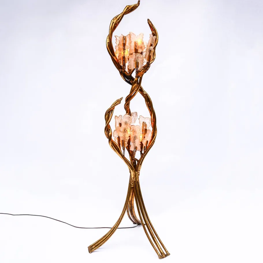 Pamono Antique Italian Floor Lamp in Blue and Gilt Patinated Carved Wood by Henri Fernandez, 1970s