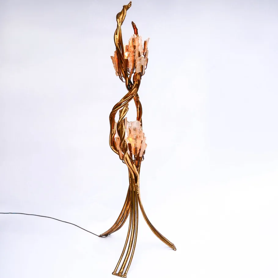 Pamono Antique Italian Floor Lamp in Blue and Gilt Patinated Carved Wood by Henri Fernandez, 1970s