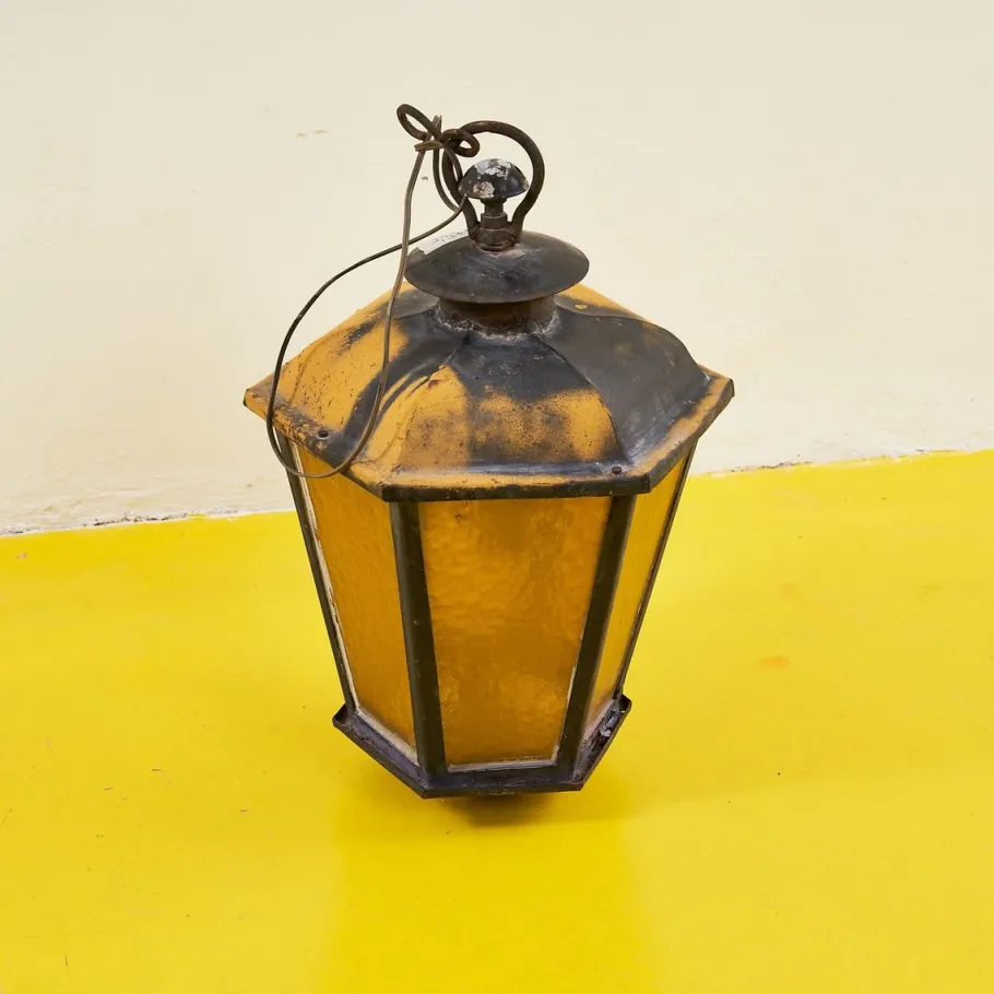New Pamono Antique Lantern in Iron and Amber Glass