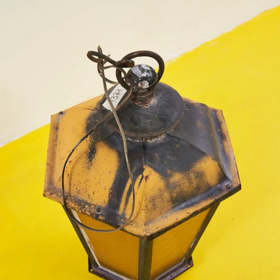 New Pamono Antique Lantern in Iron and Amber Glass