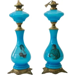 Hot Pamono Antique Opaline Glass Oil Table Lamps Depicting Napoleon and Josephine, 1890s, Set of 2
