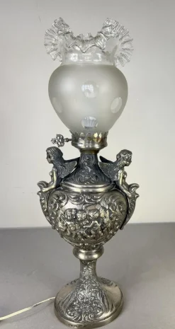 Hot Pamono Antique Pewter Angel Lamp with Pleated Glass