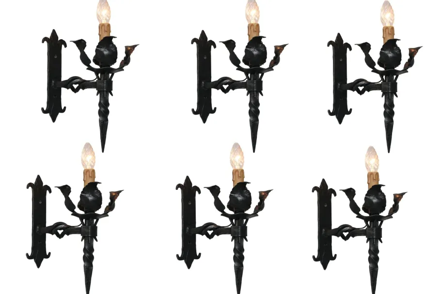 New Pamono Antique Spanish Gothic Revival Wall Lights in Wrought Iron, 1920, Set of 6