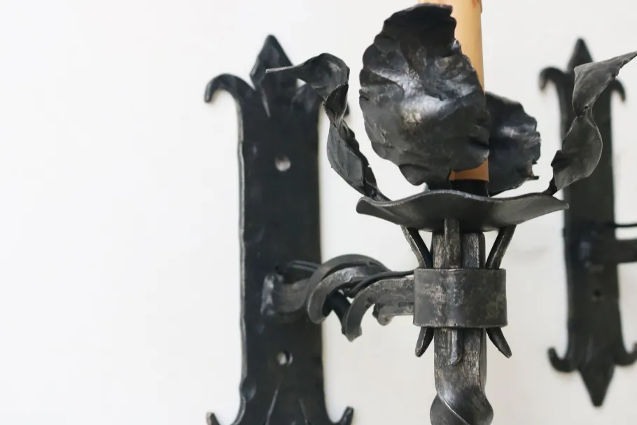 New Pamono Antique Spanish Gothic Revival Wall Lights in Wrought Iron, 1920, Set of 6