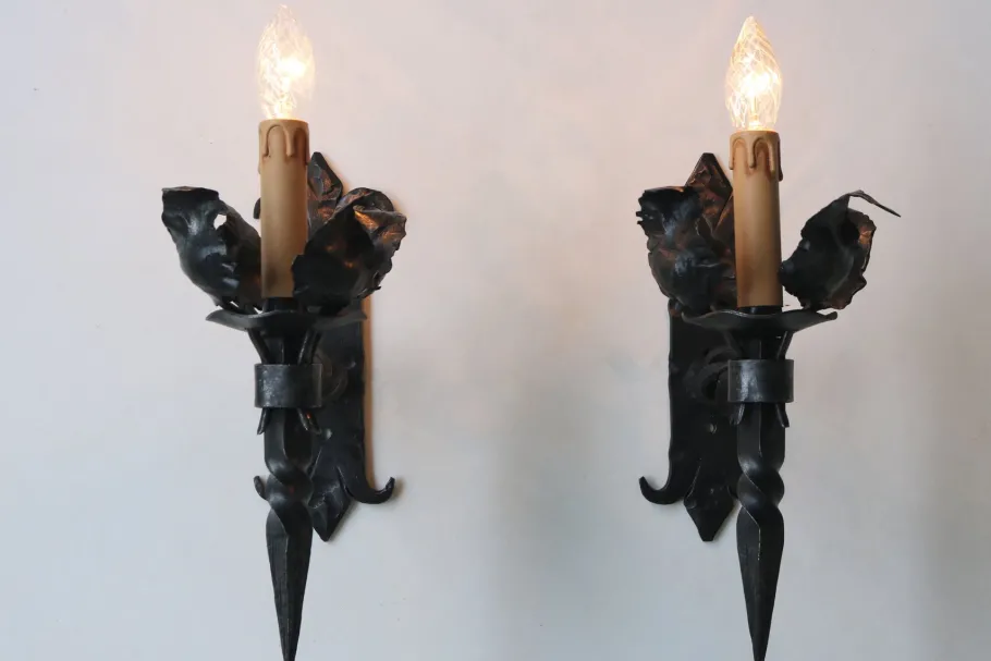 New Pamono Antique Spanish Gothic Revival Wall Lights in Wrought Iron, 1920, Set of 6