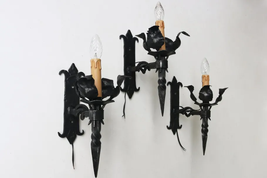 New Pamono Antique Spanish Gothic Revival Wall Lights in Wrought Iron, 1920, Set of 6