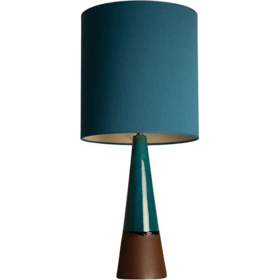 Pamono Aqua and Brown Ceramic Table Lamp with Silk Lampshade attributed to R. Houben, 1950s