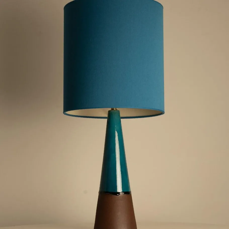 Pamono Aqua and Brown Ceramic Table Lamp with Silk Lampshade attributed to R. Houben, 1950s