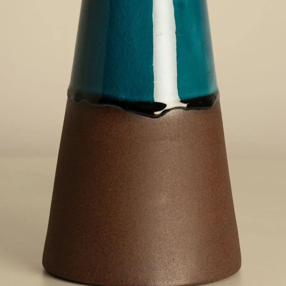 Pamono Aqua and Brown Ceramic Table Lamp with Silk Lampshade attributed to R. Houben, 1950s