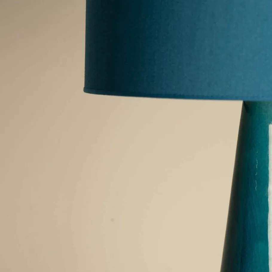 Pamono Aqua and Brown Ceramic Table Lamp with Silk Lampshade attributed to R. Houben, 1950s