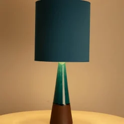 Pamono Aqua and Brown Ceramic Table Lamp with Silk Lampshade attributed to R. Houben, 1950s