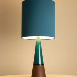 Pamono Aqua and Brown Ceramic Table Lamp with Silk Lampshade attributed to R. Houben, 1950s