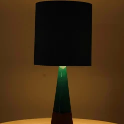 Pamono Aqua and Brown Ceramic Table Lamp with Silk Lampshade attributed to R. Houben, 1950s