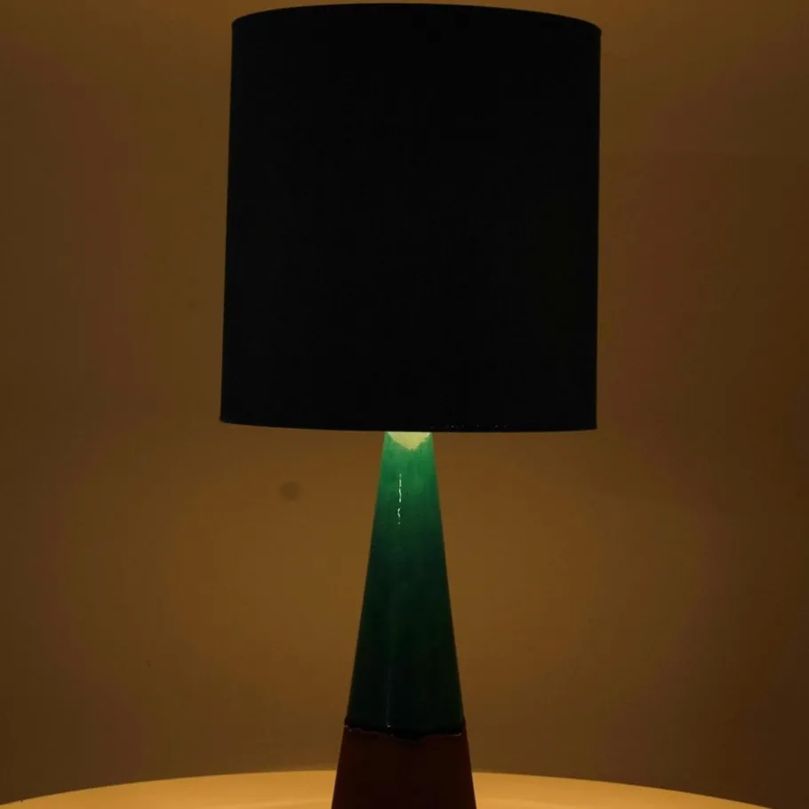 Pamono Aqua and Brown Ceramic Table Lamp with Silk Lampshade attributed to R. Houben, 1950s