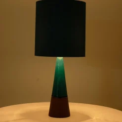 Pamono Aqua and Brown Ceramic Table Lamp with Silk Lampshade attributed to R. Houben, 1950s
