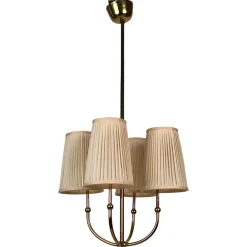 New Pamono 4-Arm Chandelier in Brass with Silk Shades, Austria, 1930s
