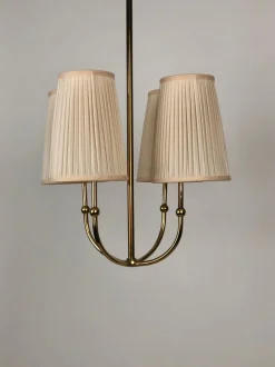New Pamono 4-Arm Chandelier in Brass with Silk Shades, Austria, 1930s