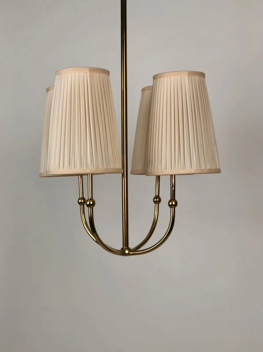 New Pamono 4-Arm Chandelier in Brass with Silk Shades, Austria, 1930s