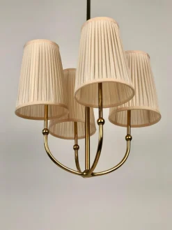 New Pamono 4-Arm Chandelier in Brass with Silk Shades, Austria, 1930s